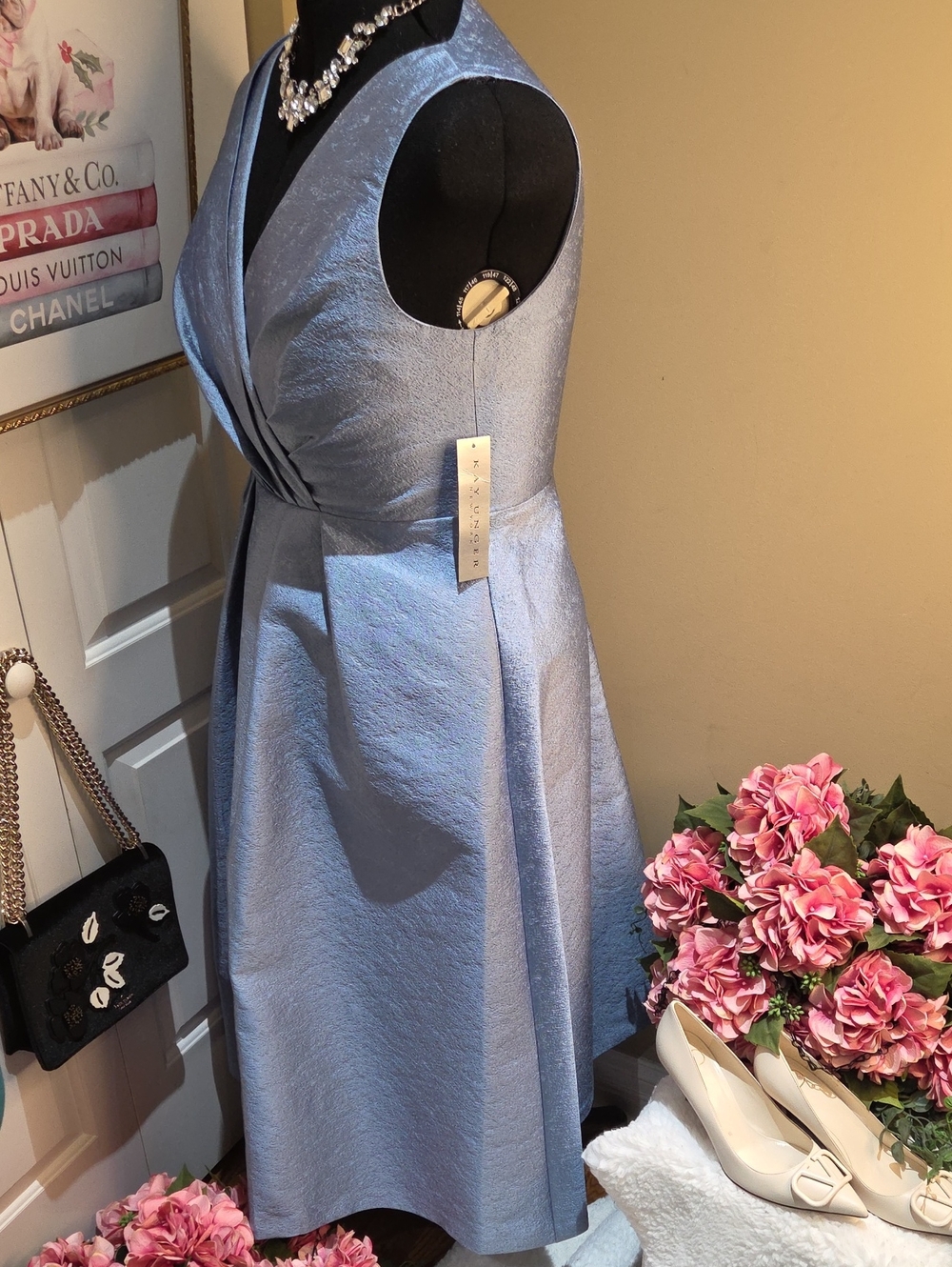 Nwt 16 Size $358 Kay Unger Light Blue Olivia Tea Length Dress V-Neck - Picture 15 of 17